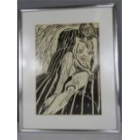 A lino print of a female nude, unsigned.