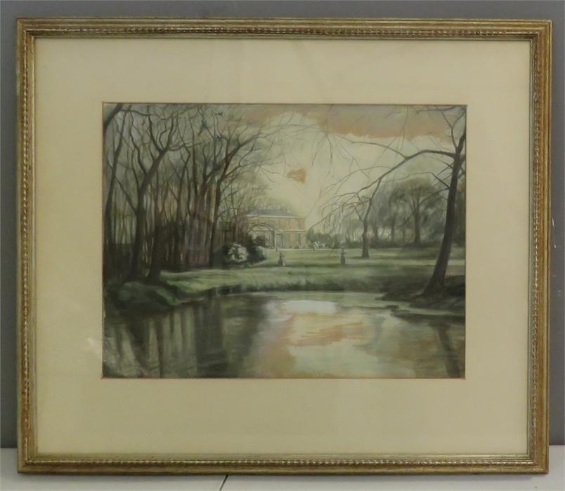 An unsigned watercolour depicting Georgian county house, lake to the fore, 27 by 36cm.