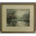 An unsigned watercolour depicting Georgian county house, lake to the fore, 27 by 36cm.