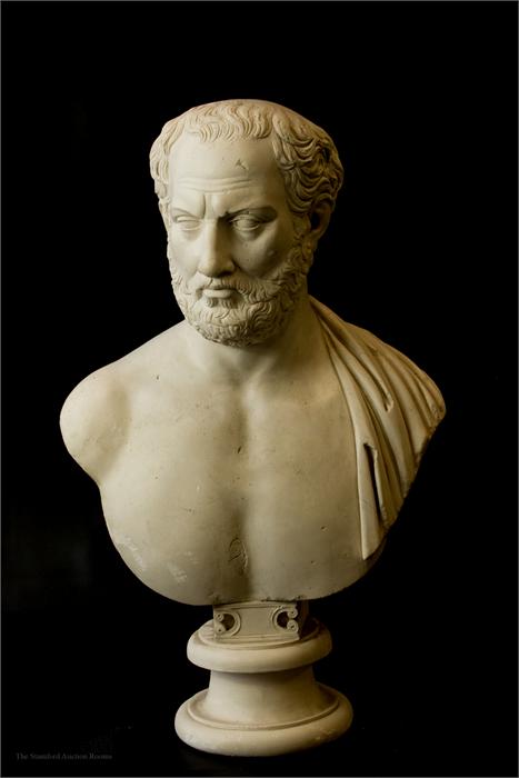 A plaster bust of Metredorvs, raised on an early 19th century ebonised plinth. - Image 3 of 3