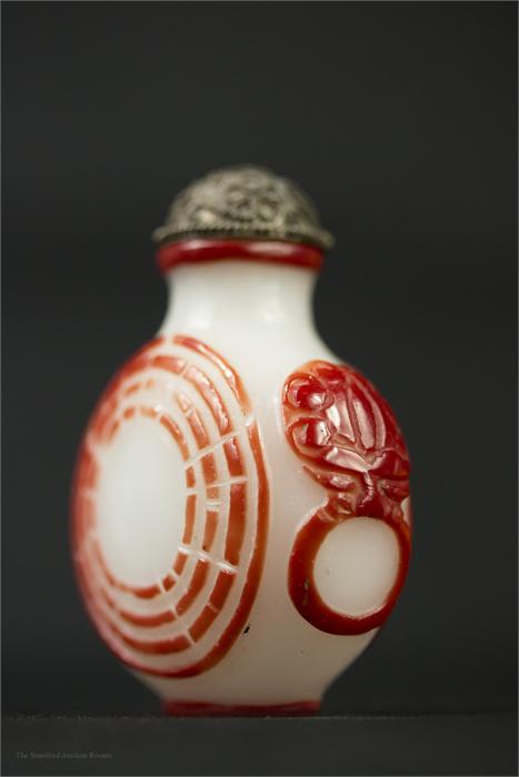 A Chinese scent bottle, red overlay on white.