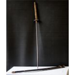 A Japanese samurai sword, with metal scabbard, blade 66cm long.