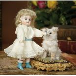 German All-Bisque Miniature Doll by Kestner with Fancy Boots, Along with Pup on Pillow 1200/1600