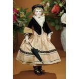 French Bisque Poupee by Barrois with Bisque Arms, Rare Neck Swivel, Superb Costume 3500/4500