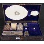 Victorian leather cased silver and cut glass toilet set, the lid opening to reveal hand mirror,