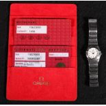 Ladies steel Omega Constellation wristwatch, with warranty card, the silvered dial with baton