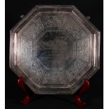 Victorian silver octagonal salver with Egyptian style panels of scrolling lotus flowers on reeded