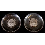 Pair of Britannia silver pin dishes, 156g, 9cm, together with silver mustard spoons,