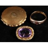 Victorian amethyst and pinchbeck brooch, 2cm, a yellow metal engine turned locket,