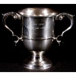 Silver twin handled trophy cup, with acanthus scroll handles,