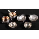 Three pairs of silver salts, including Chester silver shell salts and two others.