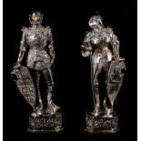 Pair of Hanau style silver and ivory models of Knights, maker Berthold Muller, standing on pierced