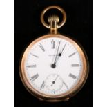 Early 20th Century 18 carat gold Waltham open faced pocket watch with Roman enamel dial, the