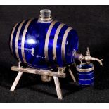 Late Victorian EP and Bristol blue glass liqueur barrel and glass, maker Hukin and Heath, pattern