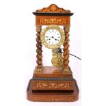 Late 19th century French marquetry rosewood portico clock, with enamel Roman dial,
