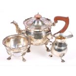 Edward VII silver batchelors three-piece teaset, raised on shell supports, London 1905,