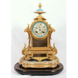 Late 19th century French gilt brass porcelain mantel clock, with porcelain Roman dial,