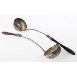Two matching Victorian silver toddy ladles with slender turned handles,