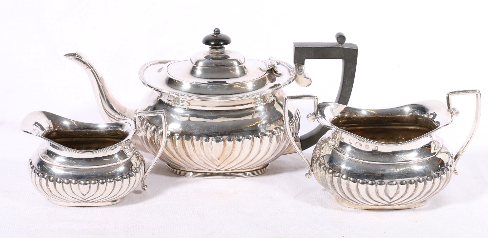 Victorian silver batchelors three-piece teaset, of rectangular demi fluted form,