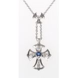 Sapphire and diamond crucifix pendant the chain stamped 950 platinum by Morelli,