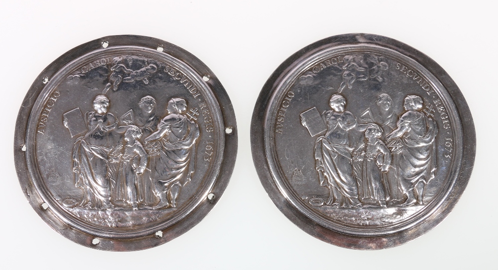 Pair of Charles II Christ's Hospital silver cloak badges, after J Routiers,