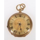 18ct gold open face fob watch with engraved dial, 40.