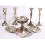 Pair of George V silver candlesticks Birmingham 1915, another Chester 1915, a silver bowl, 120g,