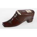 Early 19th century bone and brass inlaid treen shoe snuff box, 7.5cm.