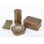 Four 19th century brass snuff boxes, one of curved form with rare triple compartments, 6.