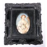 After Greuze, an oval porcelain plaque of a girl, framed, 22cm x 20cm.