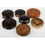 Two Victorian pressed wood snuff boxes, one with Arc de Triomphe, 8.5cm and five others.