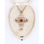 9ct garnet and pearl Holbein pendant on a small belcher chain, marked '9c'.