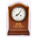 Art Nouveau inlaid mahogany mantel clock, with enamel Arabic dial,