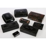 Collection of eight Victorian wire inlaid horn and papier mache snuff boxes, largest 10cm,