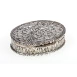 French silver oval pill box, engraved with scrolling foliage, hallmarked, 21g, 4.5cm.