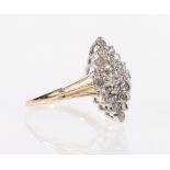 14 carat gold diamond ring, of lozenge form, with twenty-five round brilliant cut diamonds,