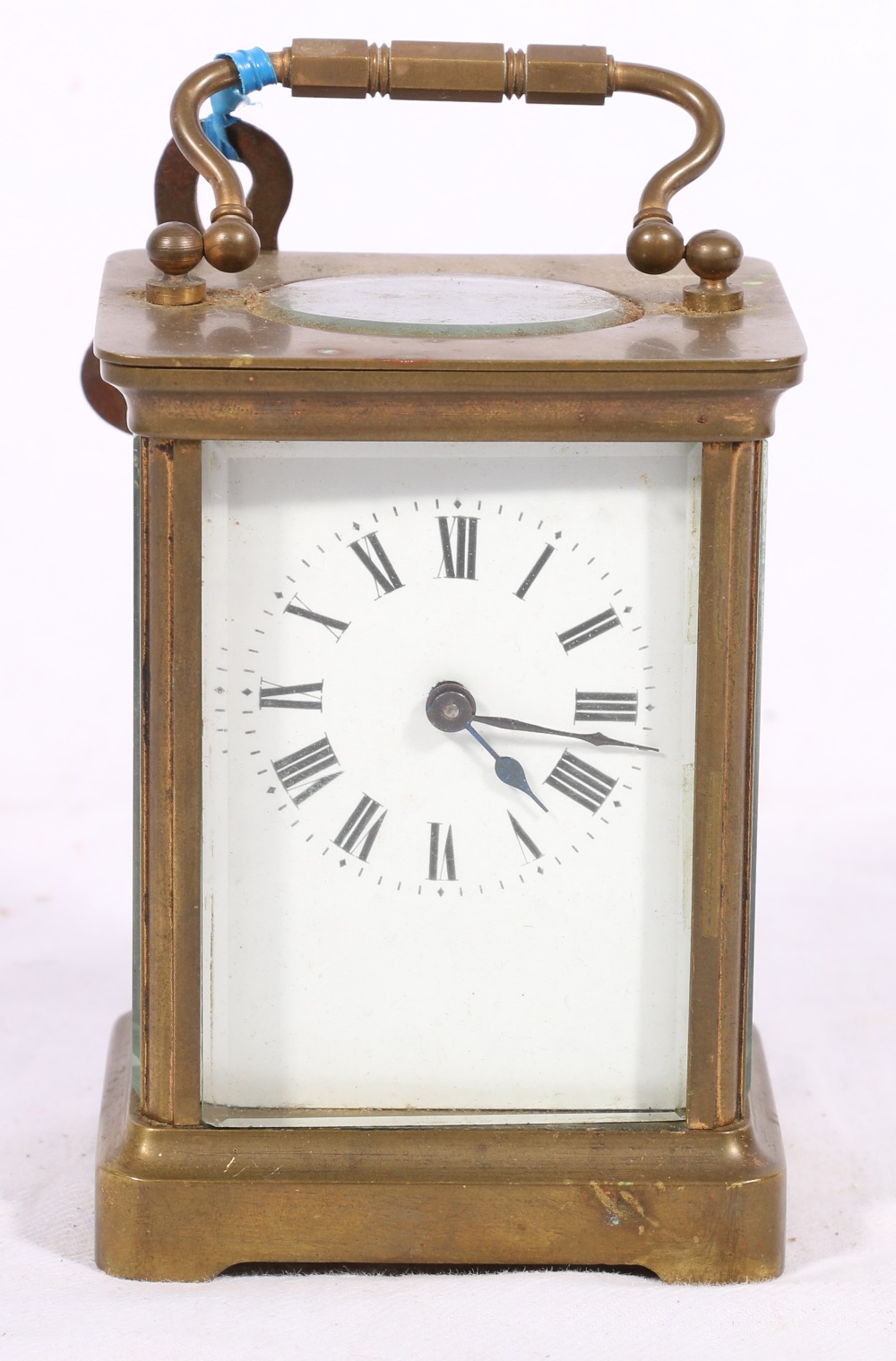 Early 20th century French brass carriage timepiece, the movement stamped with lion, 14cm.