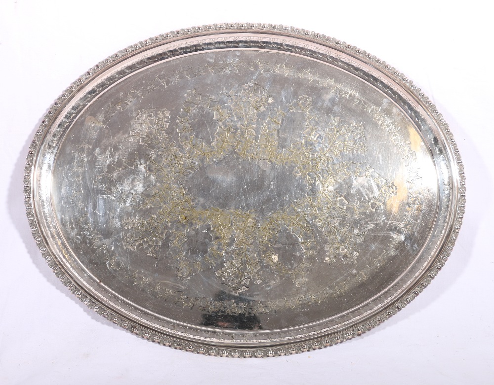 Victorian oval electroplated tray, makers William Hutton & Sons, engraved with ivy, 56cm.