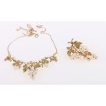 9 carat gold and cultured pearl fringe necklace, forming fruiting vines,