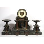 Victorian slate mantel clock garniture, the clock with enamel Arabic dial,