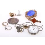 Pinchbeck brooch set with central oval hardstone on swivel mount, 935 silver fob watch,