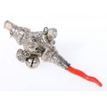 Victorian silver teething rattle with whistle and coral tail,