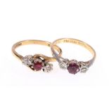 18ct gold and platinum ruby and diamond ring, size L and another in cross over setting, size O (2),