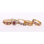 18ct gold ruby and diamond five stone ring, 4.8g, 15ct gold and ruby pearl ring, 2.
