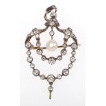 Late Victorian diamond and baroque pearl holbein pendant of shield form, lacking terminal, 5cm.