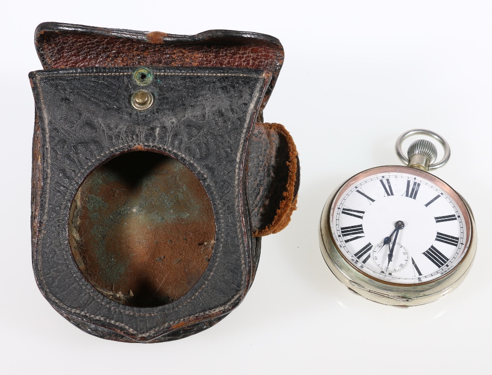 Victorian keyless winding Goliath open faced watch, in a leather case, 10cm.