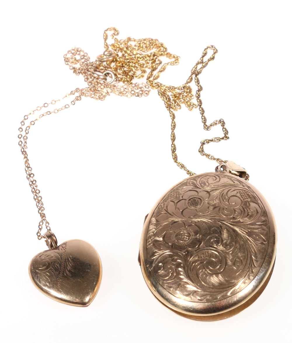 9ct gold engraved locket on chain and another of heart form, 27.8g.