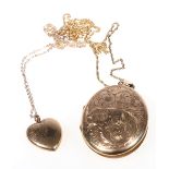 9ct gold engraved locket on chain and another of heart form, 27.8g.