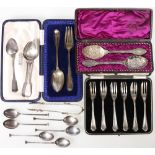 Set of six silver pastry forks, three 19th century fiddle pattern teaspoons, maker J M C,