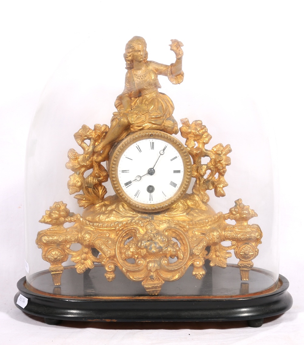 19th century French gilt spelter mantel timepiece, with enamel Roman dial and key cylinder movement,